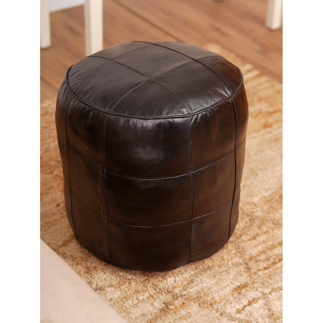 HANDMADE ECO-FRIENDLY ROUND SHAPED STUFFED LEATHER BLACK POUF Image 4