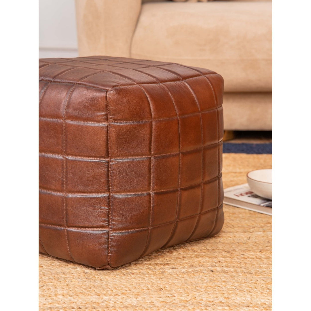 HANDMADE ECO-FRIENDLY SQUARE SHAPED STUFFED GOAT LEATHER BROWN POUF Image 5