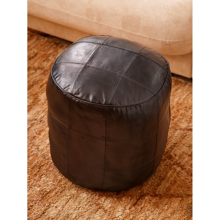 HANDMADE ECO-FRIENDLY ROUND SHAPED STUFFED LEATHER BLACK POUF Image 5