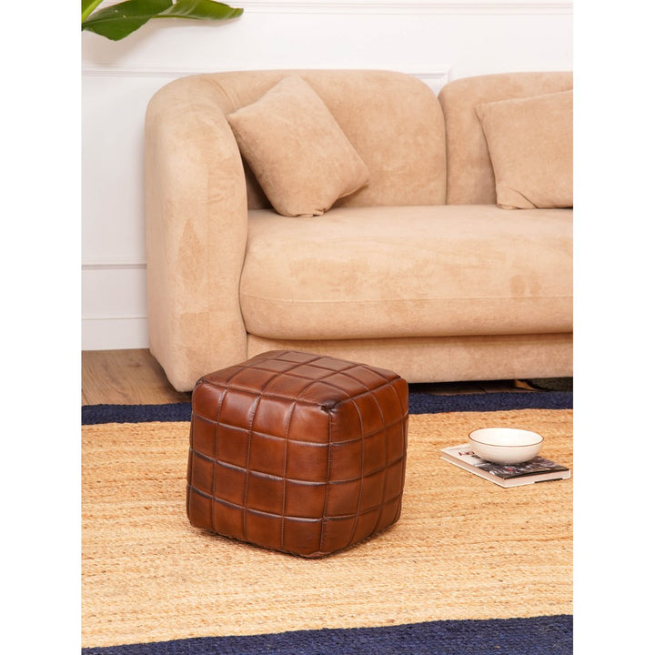 HANDMADE ECO-FRIENDLY SQUARE SHAPED STUFFED GOAT LEATHER BROWN POUF Image 7