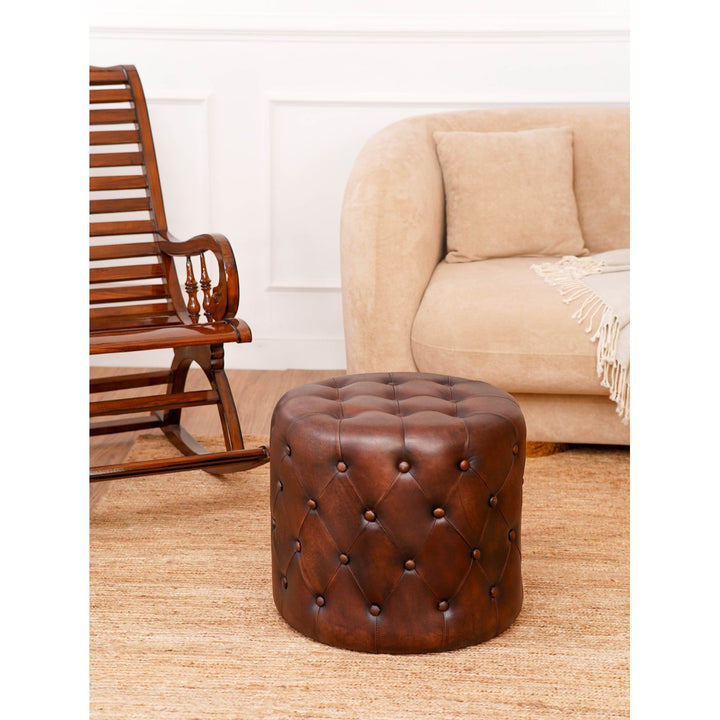 BBH Homes Solid Handmade Eco-Friendly Wood and Leather Round Ottomon (22.5"x22.5"x21") Image 8