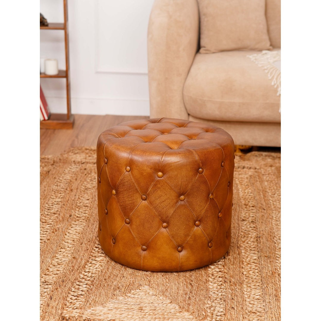 BBH Homes Solid Handmade Eco-Friendly Wood and Leather Round Ottomon (22.5"x22.5"x21") Image 9