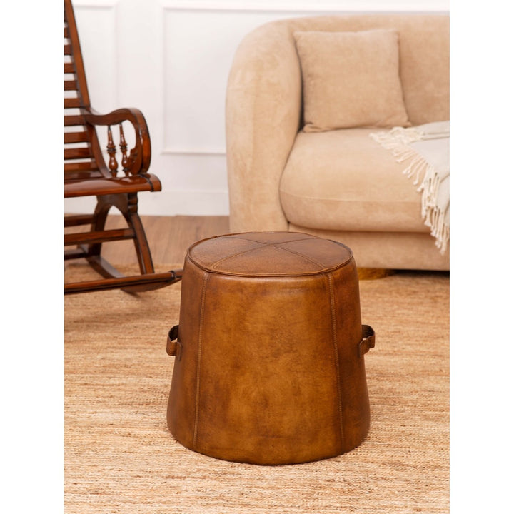 BBH Homes Solid Handmade Eco-Friendly Buffalo Leather Brown Round Pouf (22.5"x22.5"x21") Image 1