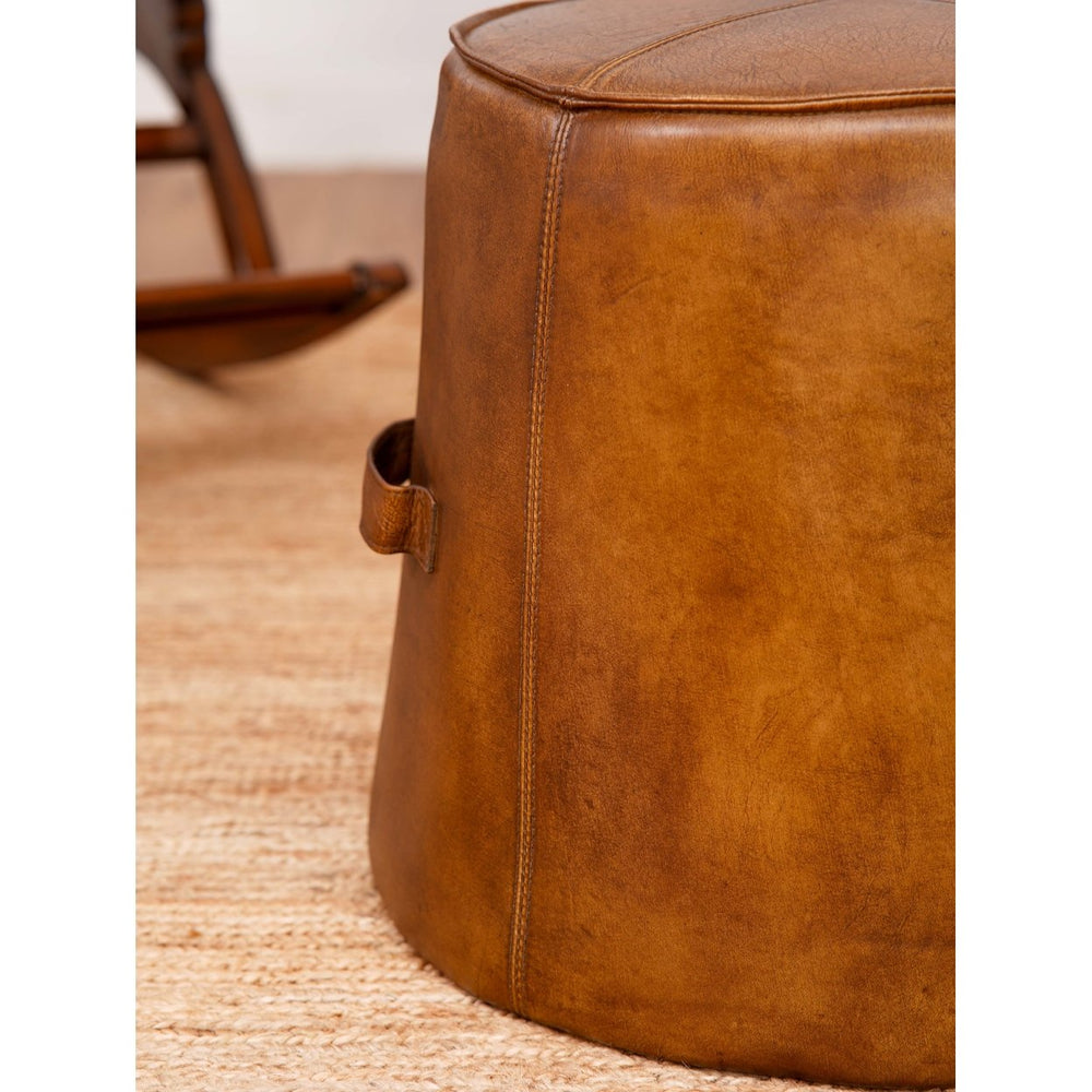 BBH Homes Solid Handmade Eco-Friendly Buffalo Leather Brown Round Pouf (22.5"x22.5"x21") Image 2