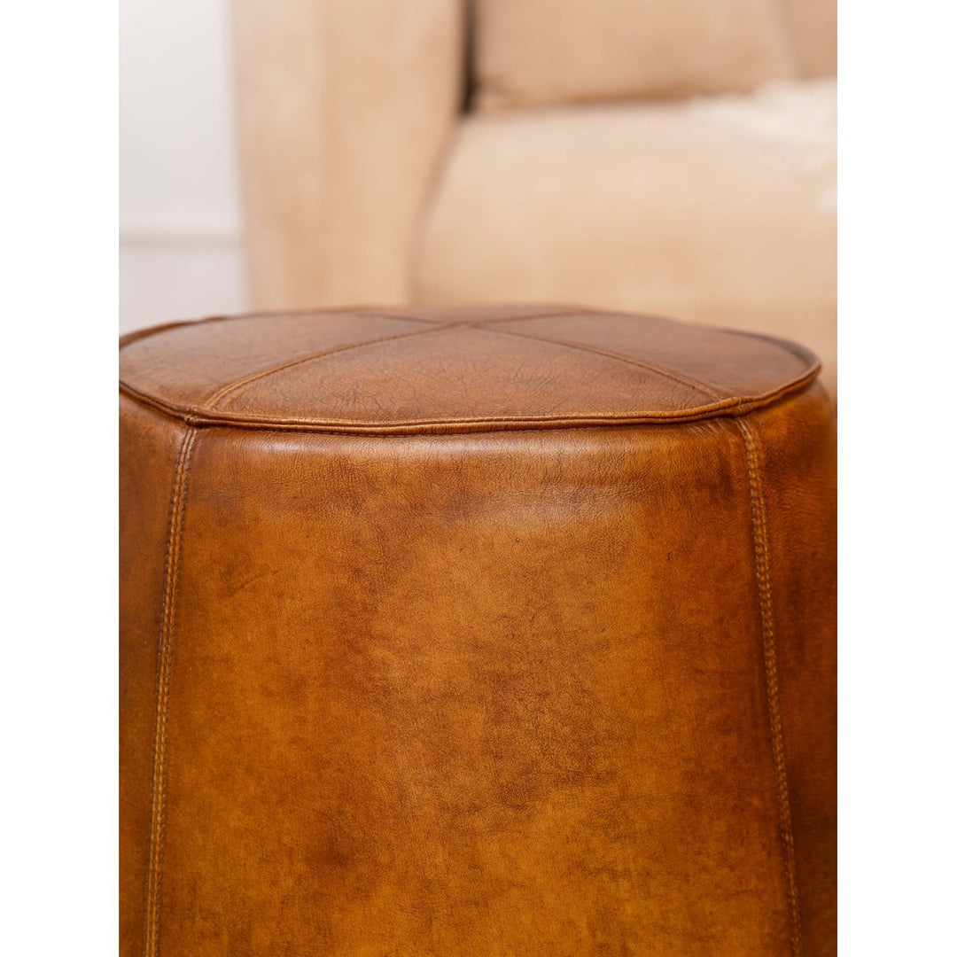 BBH Homes Solid Handmade Eco-Friendly Buffalo Leather Brown Round Pouf (22.5"x22.5"x21") Image 3