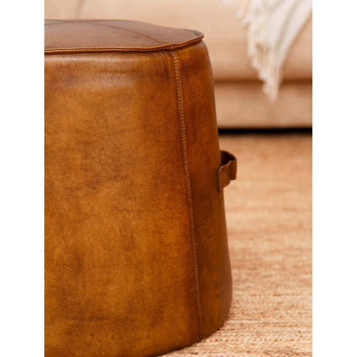 BBH Homes Solid Handmade Eco-Friendly Buffalo Leather Brown Round Pouf (22.5"x22.5"x21") Image 4