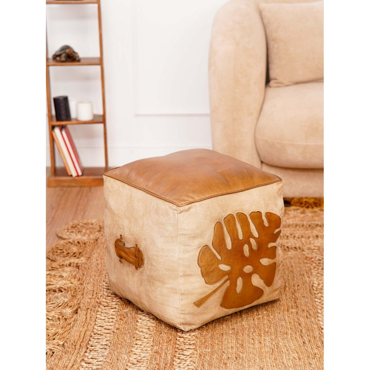 BBH Homes Solid Handmade Eco-Friendly Leather Brown Square Pouf (20"x20"x20") Image 1