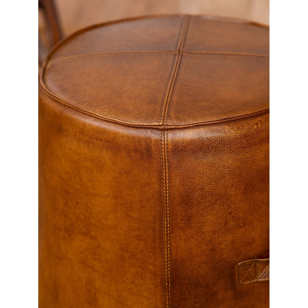 BBH Homes Solid Handmade Eco-Friendly Buffalo Leather Brown Round Pouf (22.5"x22.5"x21") Image 7