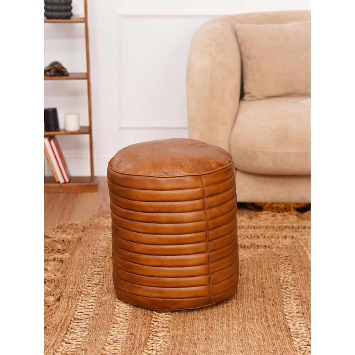 BBH Homes Solid Handmade Eco-Friendly Wood and Leather Brown Round Pouf (18"x18"x21.5") Image 1