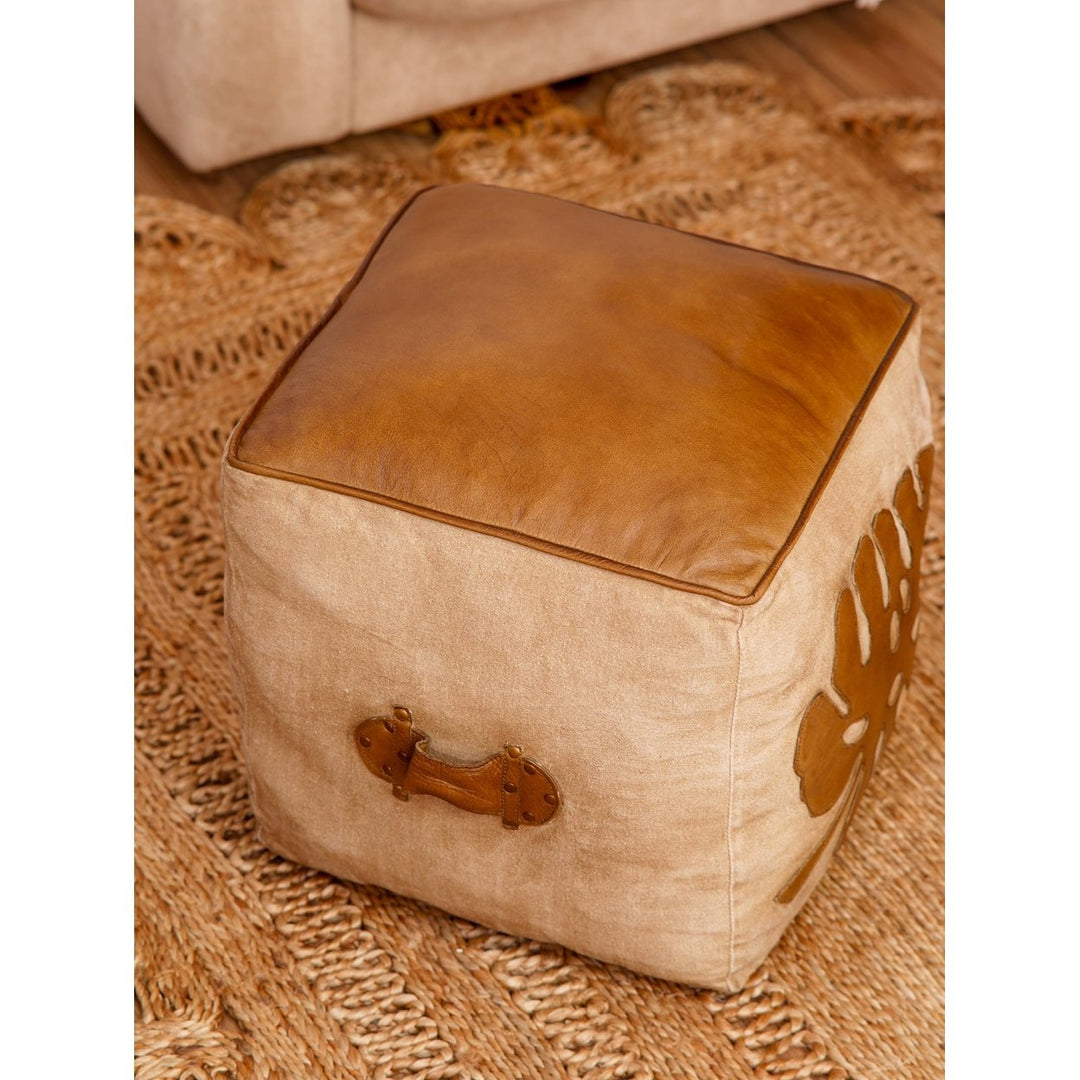 BBH Homes Solid Handmade Eco-Friendly Leather Brown Square Pouf (20"x20"x20") Image 5