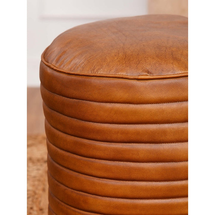 BBH Homes Solid Handmade Eco-Friendly Wood and Leather Brown Round Pouf (18"x18"x21.5") Image 2