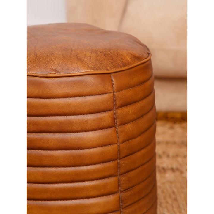 BBH Homes Solid Handmade Eco-Friendly Wood and Leather Brown Round Pouf (18"x18"x21.5") Image 3