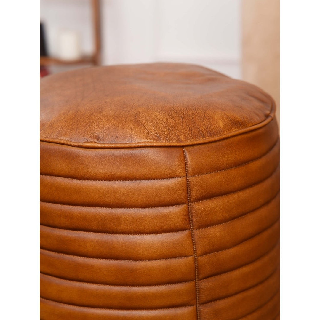 BBH Homes Solid Handmade Eco-Friendly Wood and Leather Brown Round Pouf (18"x18"x21.5") Image 4