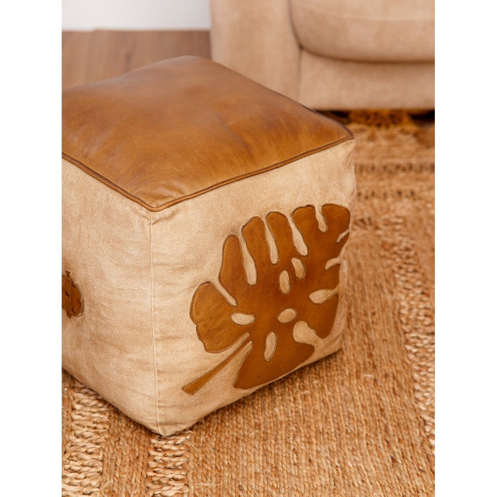 BBH Homes Solid Handmade Eco-Friendly Leather Brown Square Pouf (20"x20"x20") Image 7