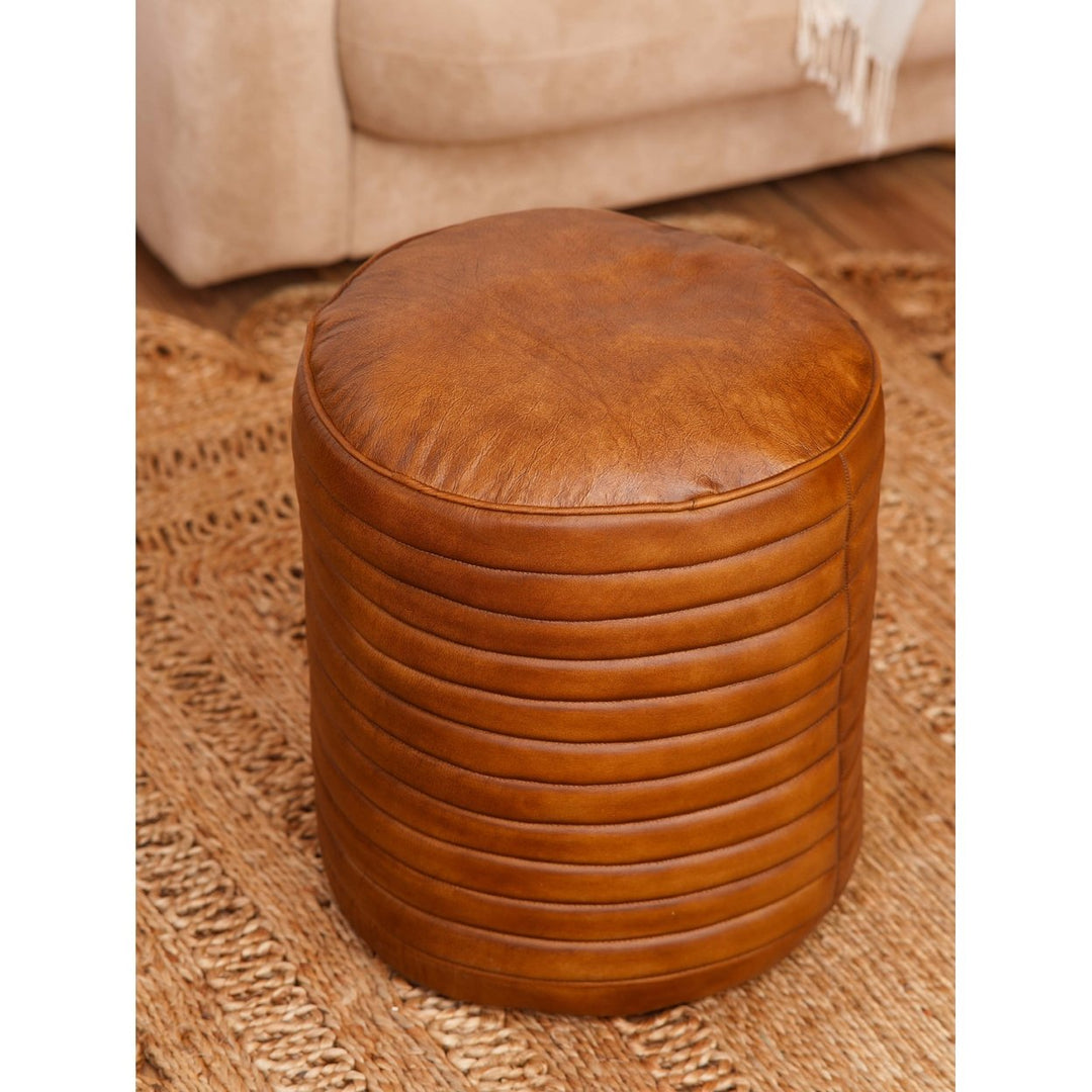 BBH Homes Solid Handmade Eco-Friendly Wood and Leather Brown Round Pouf (18"x18"x21.5") Image 5