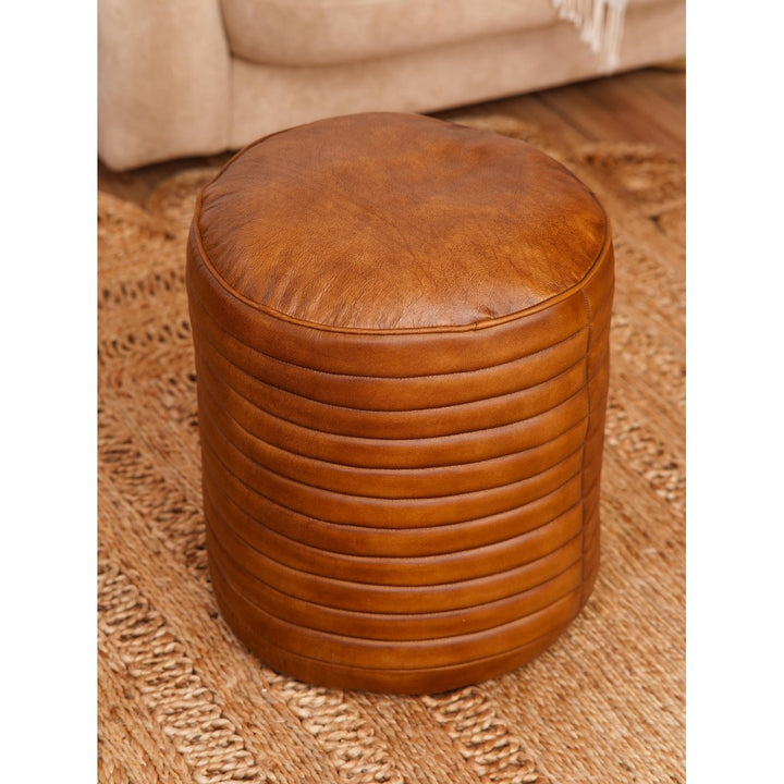 BBH Homes Solid Handmade Eco-Friendly Wood and Leather Brown Round Pouf (18"x18"x21.5") Image 6