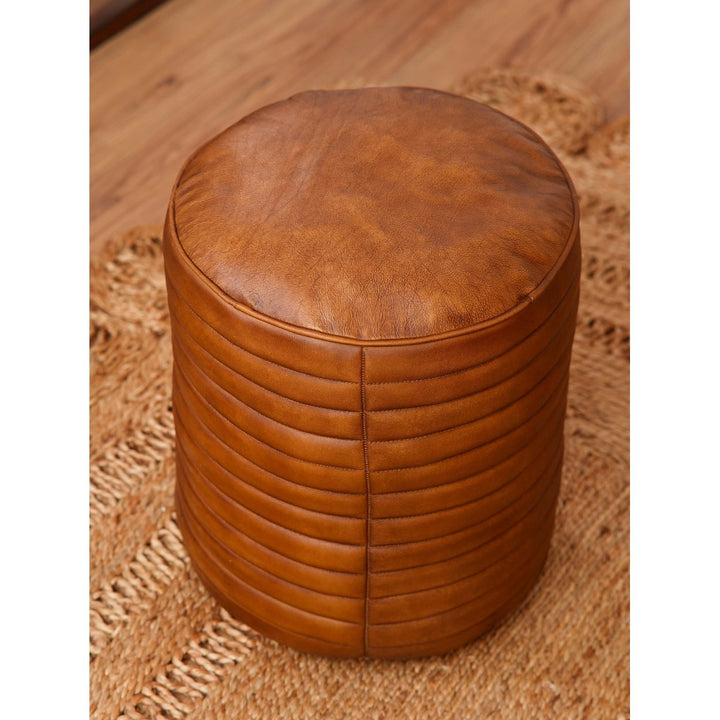 BBH Homes Solid Handmade Eco-Friendly Wood and Leather Brown Round Pouf (18"x18"x21.5") Image 7