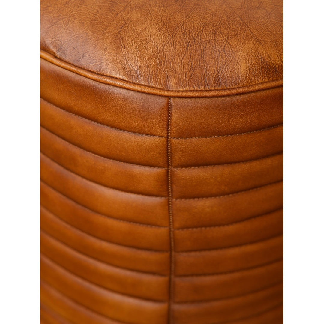 BBH Homes Solid Handmade Eco-Friendly Wood and Leather Brown Round Pouf (18"x18"x21.5") Image 8