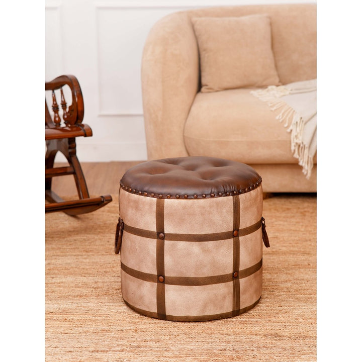 BBH Homes Solid Handmade Eco-Friendly Iron and Leather Round Pouf (22.5"x22.5"x21") Image 1