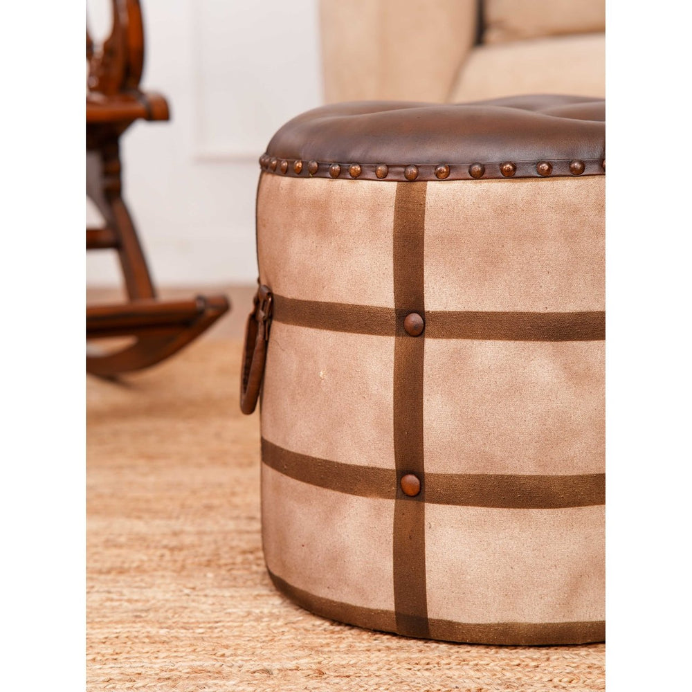 BBH Homes Solid Handmade Eco-Friendly Iron and Leather Round Pouf (22.5"x22.5"x21") Image 2