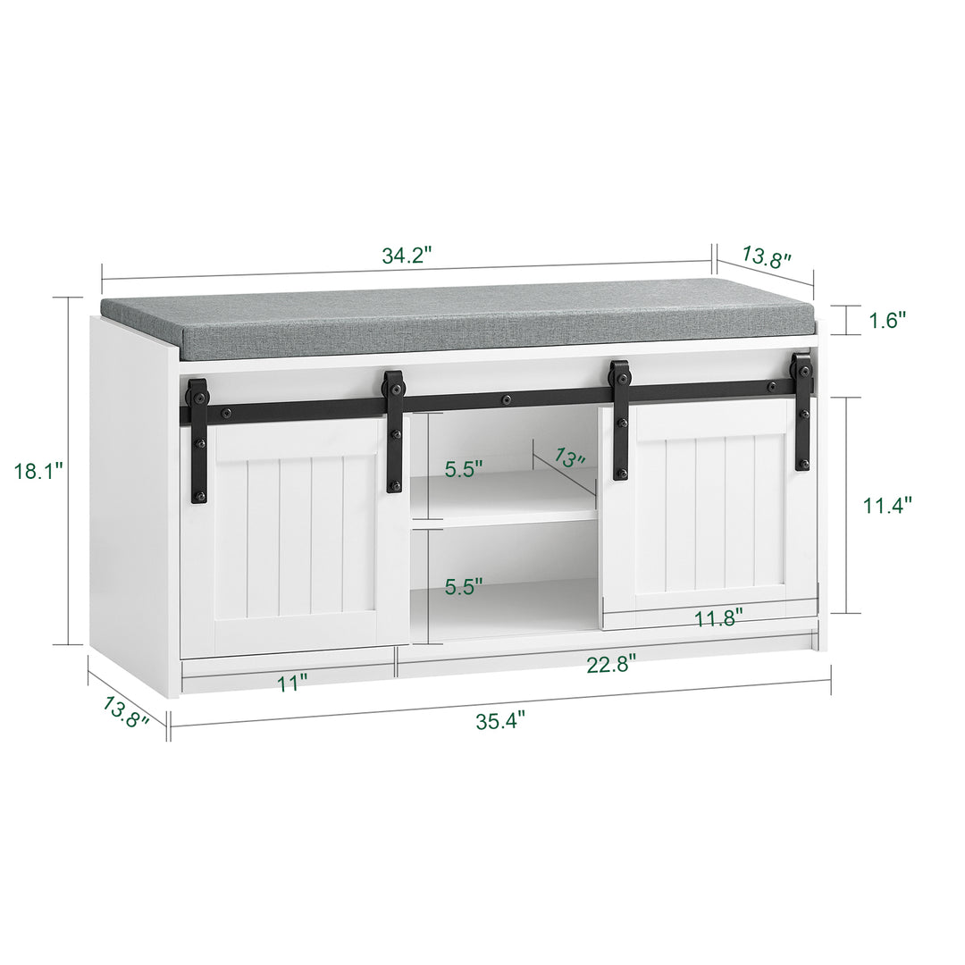 Haotian FSR133-K-W, White Rustic Style Storage Bench with Sliding Barn Doors and Padded Seat Cushion, Hallway Bench, Image 2