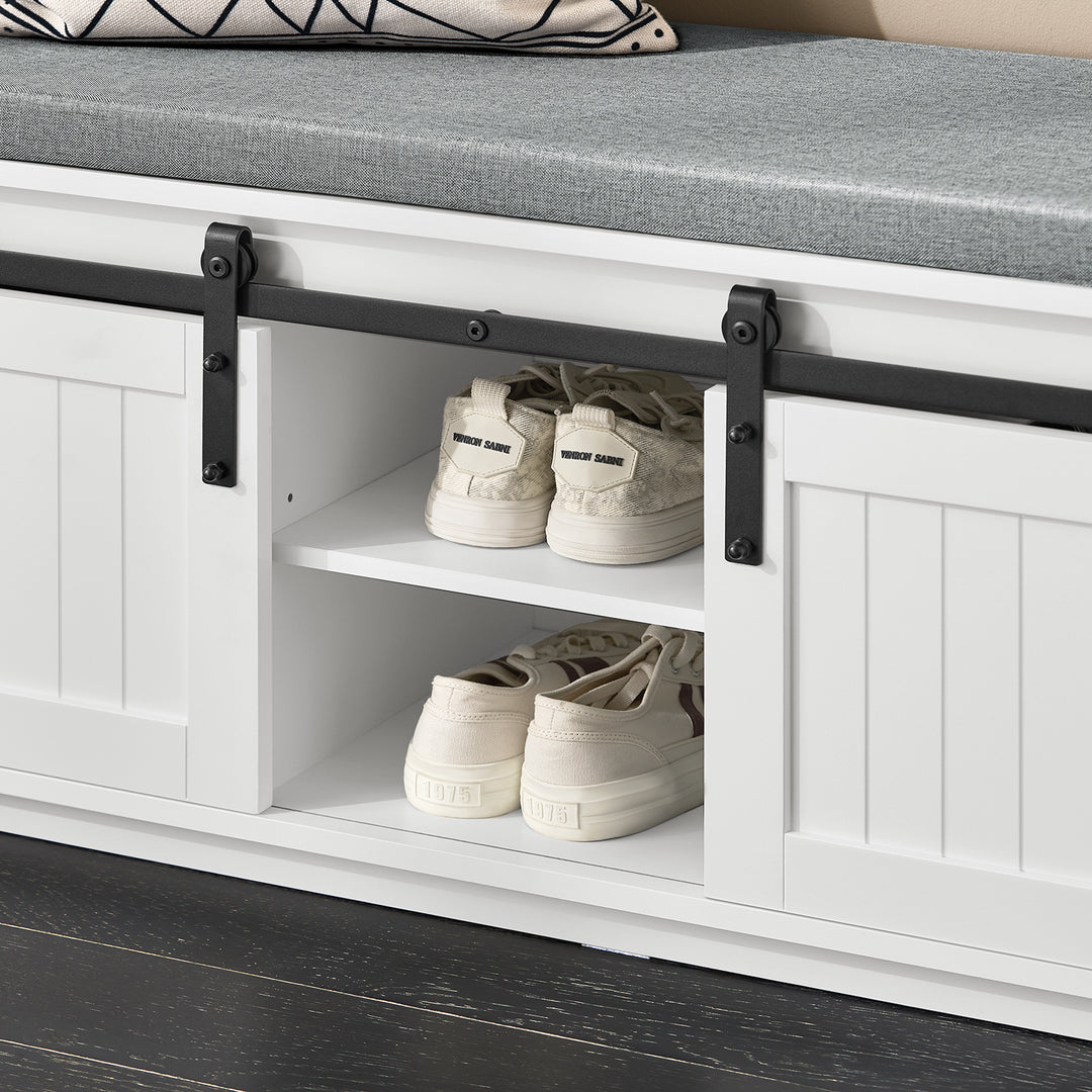 Haotian FSR133-K-W, White Rustic Style Storage Bench with Sliding Barn Doors and Padded Seat Cushion, Hallway Bench, Image 3