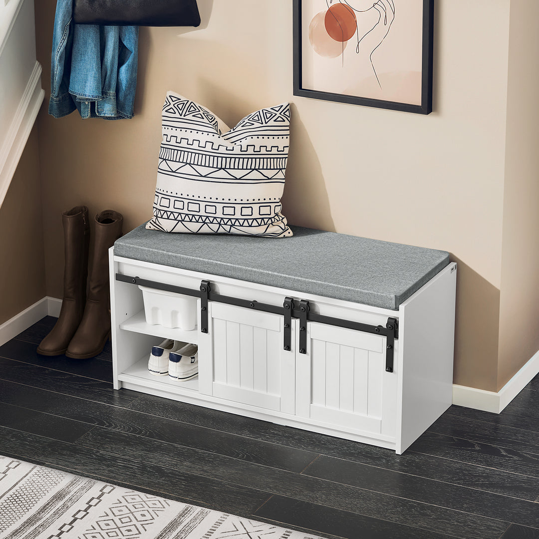 Haotian FSR133-K-W, White Rustic Style Storage Bench with Sliding Barn Doors and Padded Seat Cushion, Hallway Bench, Image 6