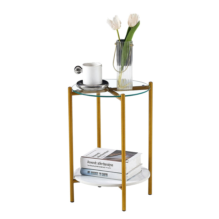 Hommoo 2-layer End Table with Tempered Glass and Marble Tabletop, Round Coffee Table with Golden Metal Frame, Image 2