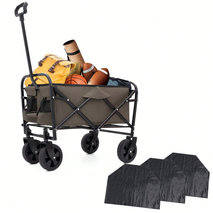 Collapsible Heavy Duty Utility Cart With 3 Plastic Liner Bags For Camping And Grocery Shopping - Olive Green Beach Wagon Image 2