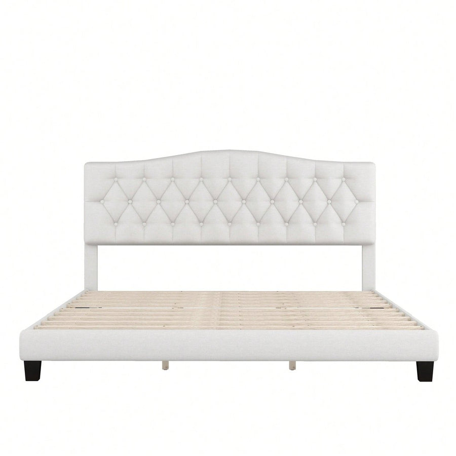 King Upholstered Platform Bed With Saddle Curved Headboard And Diamond Tufted Design Beige Image 1