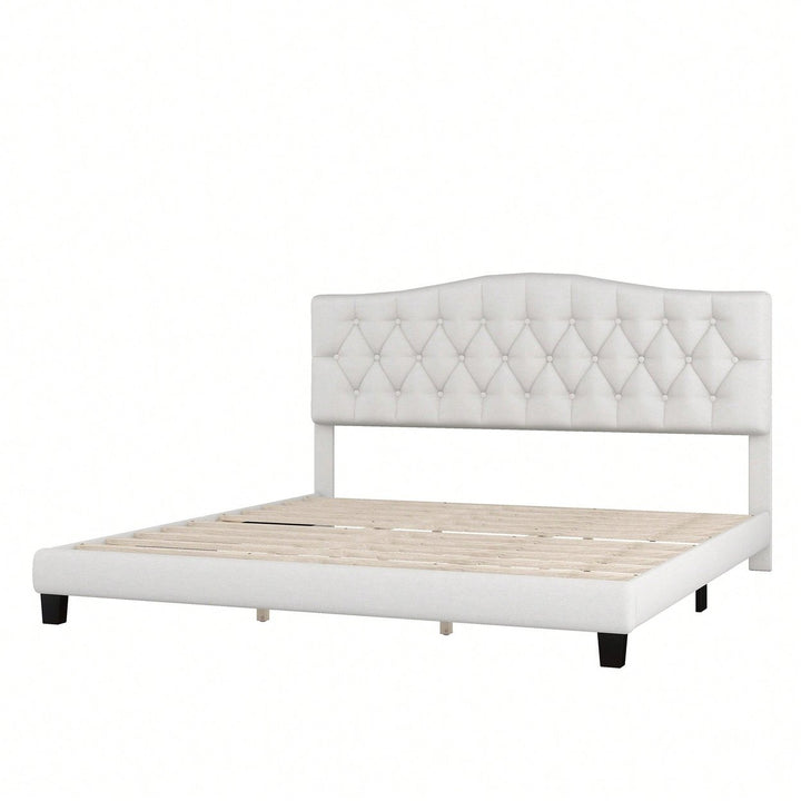 King Upholstered Platform Bed With Saddle Curved Headboard And Diamond Tufted Design Beige Image 2