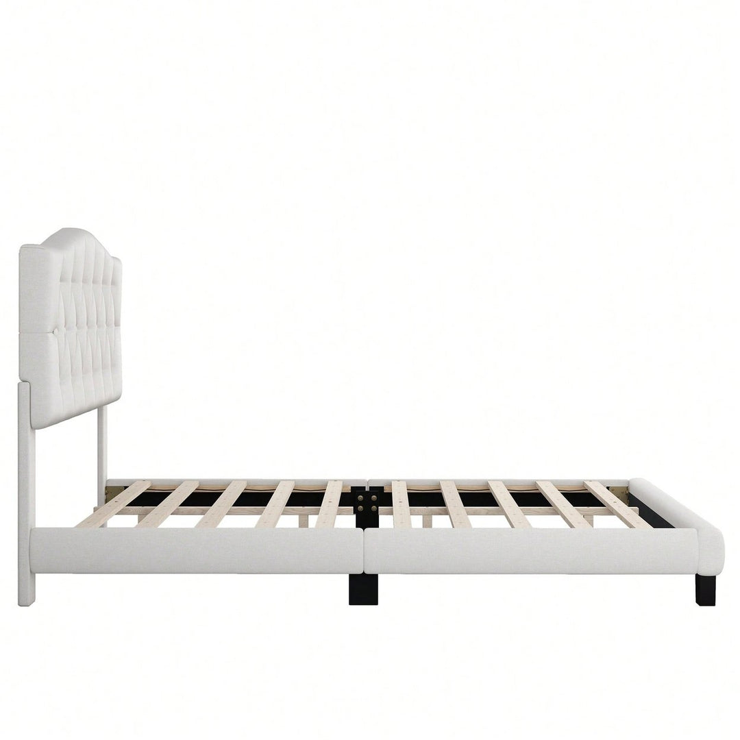 King Upholstered Platform Bed With Saddle Curved Headboard And Diamond Tufted Design Beige Image 3