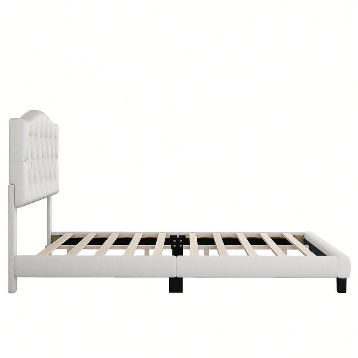 King Upholstered Platform Bed With Saddle Curved Headboard And Diamond Tufted Design Beige Image 3