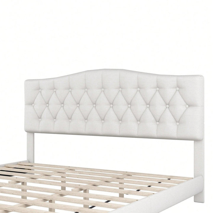 King Upholstered Platform Bed With Saddle Curved Headboard And Diamond Tufted Design Beige Image 4