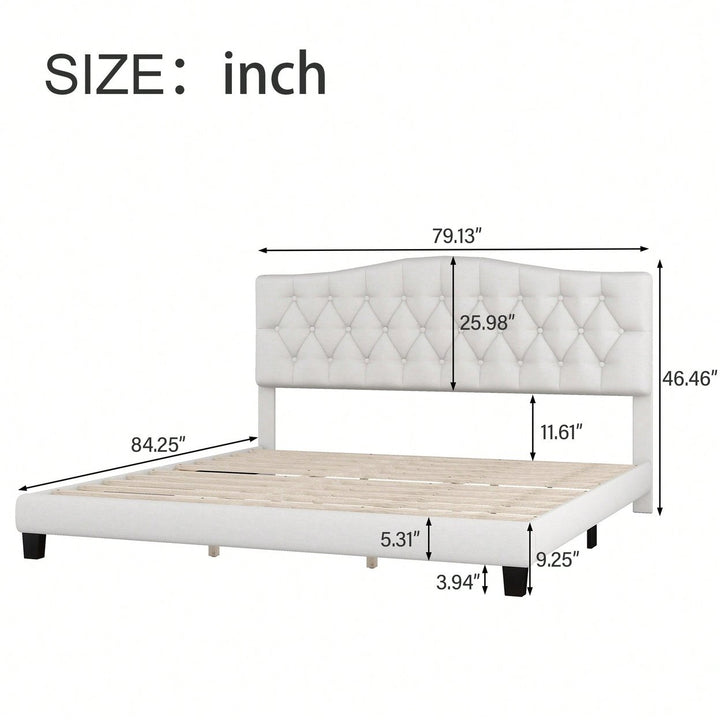 King Upholstered Platform Bed With Saddle Curved Headboard And Diamond Tufted Design Beige Image 6