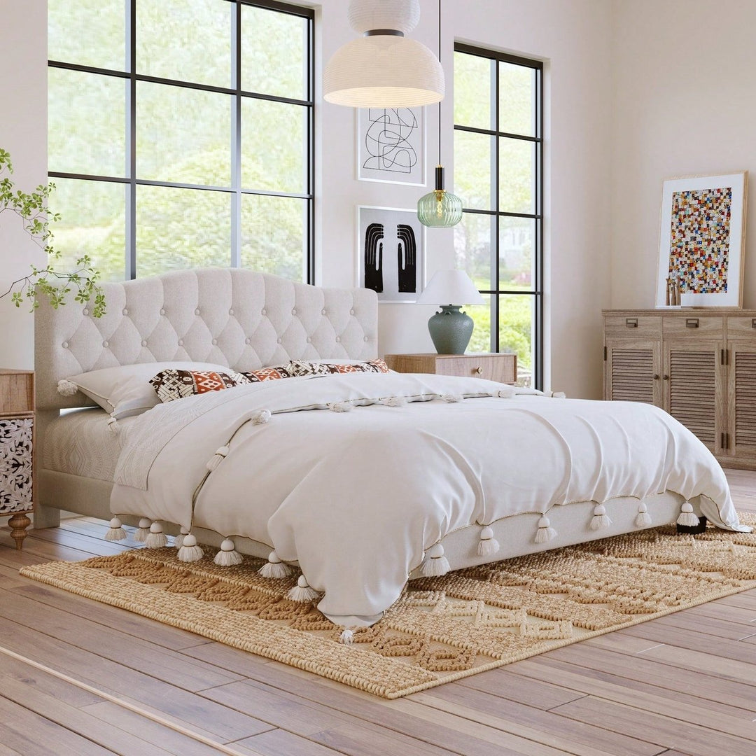 King Upholstered Platform Bed With Saddle Curved Headboard And Diamond Tufted Design Beige Image 8