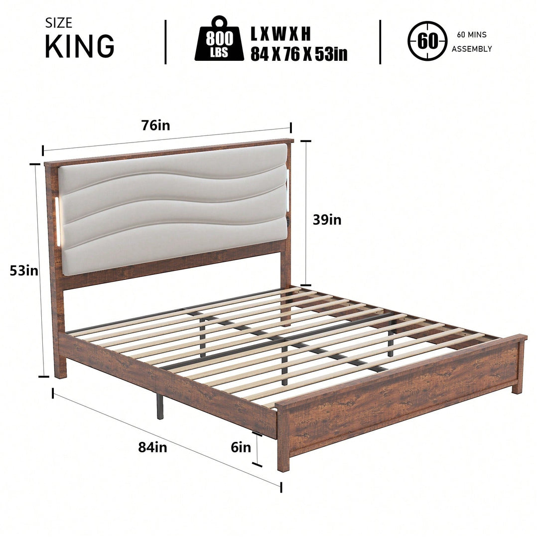 King Size Upholstered Bed Frame With Charging Station And LED Lights, Wood Slats, No Box Spring Required, Easy Assembly, Image 4