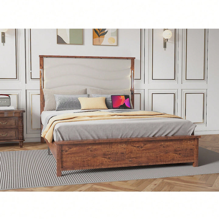 King Size Upholstered Bed Frame With Charging Station And LED Lights, Wood Slats, No Box Spring Required, Easy Assembly, Image 7