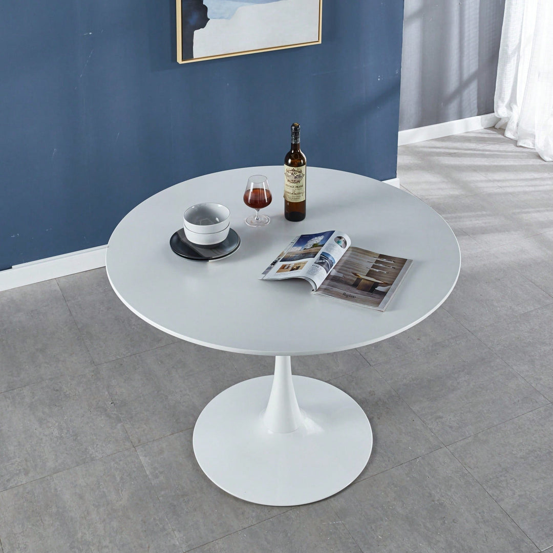 Mid-Century Modern Round Dining Table For 4-6 People With MDF Top And Elegant Pedestal Base Image 6