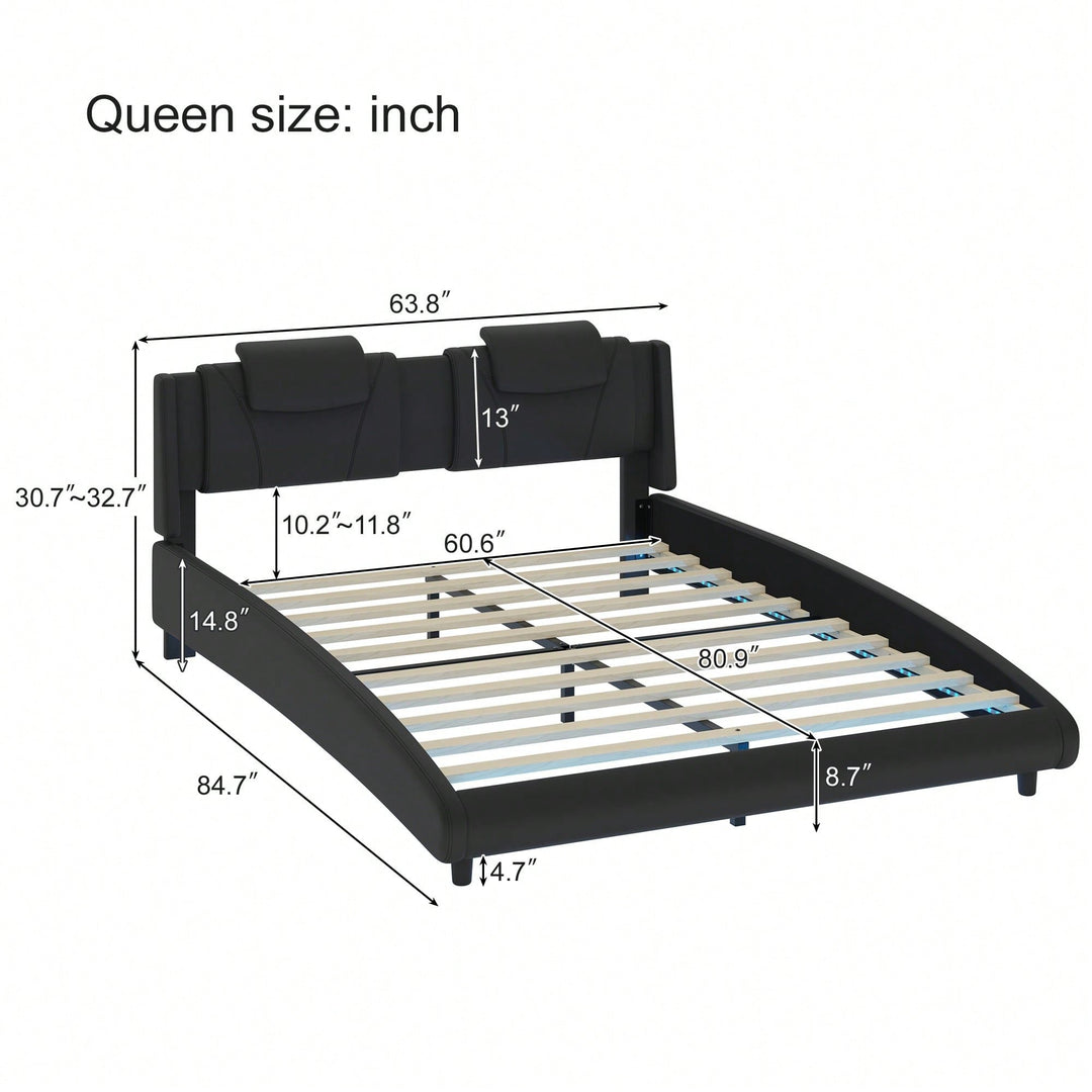 Modern Faux Leather Queen Bed Frame With LED Lighting And Adjustable Headboard  No Box Spring Required, Sleek Black Image 4