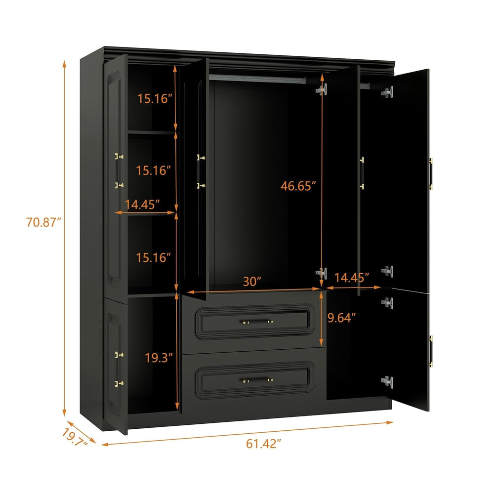 Livelylodge Armoire Wardrobe Closet with 4 Doors and 2 Hanging Rods, Armoire Wardrobe Closet Cabinet with 2 Drawers, Image 2