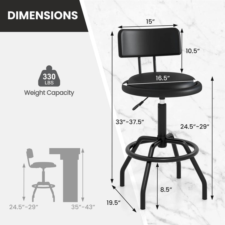 Set of 2 Adjustable Swivel Vintage Bar Stool PU Leather Steel Frame w/ Backrest Image 3