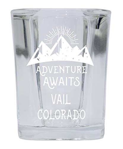 Vail Colorado Souvenir Laser Engraved 2 Ounce Square Base Liquor Shot Glass 4-Pack Adventure Awaits Design Image 1