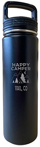 Vail Colorado Happy Camper 32 Oz Engraved Black Insulated Double Wall Stainless Steel Water Bottle Tumbler Image 1