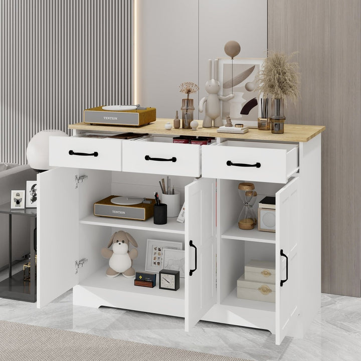 Farmhouse Buffet Cabinet Storage Sideboard with 3 Drawers and 3 Doors for Dining Living Room Kitchen Cupboard-White Image 9