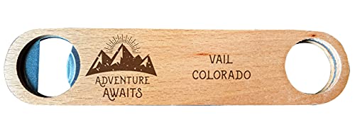 Vail Colorado Laser Engraved Wooden Bottle Opener Adventure Awaits Design Image 1